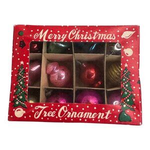Vintage Glass Christmas Tree Ornaments Set Honeycomb Pink Gold Metallic Shapes